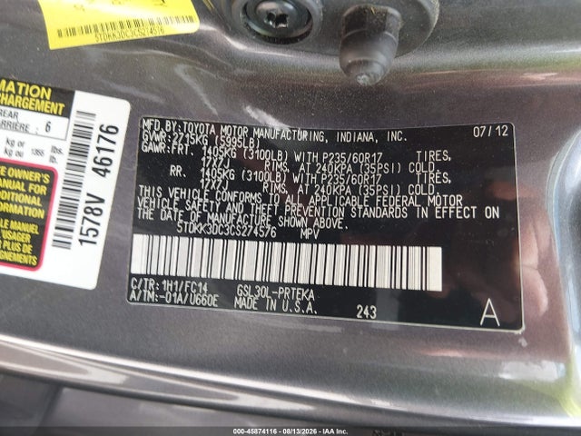 2012 Toyota Sienna Le V6 8 Passenger მანქანა იყიდება აუქციონზე, vin: 5TDKK3DC3CS274576, აუქციონის ნომერი: 45874116
