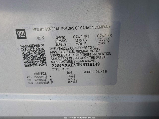Aukcja sprzedaży 2022 Chevrolet Equinox Fwd Lt, vin: 2GNAXKEV0N6118149, numer aukcji: 45874120