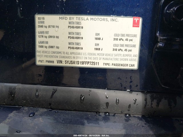 Продаж на аукціоні авто 2015 Tesla Model S 60/70/85, vin: 5YJSA1S19FFP72511, номер лоту: 45874124