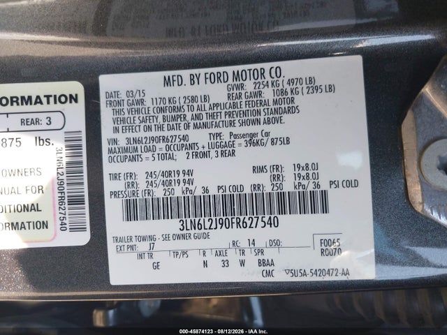 Aukcja sprzedaży 2015 Lincoln Mkz, vin: 3LN6L2J90FR627540, numer aukcji: 45874123