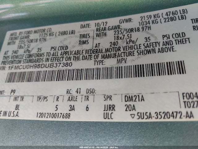 45874130 :رقم المزاد ، 1FMCU0H98DUB37380 vin ، 2013 Ford Escape Sel مزاد بيع