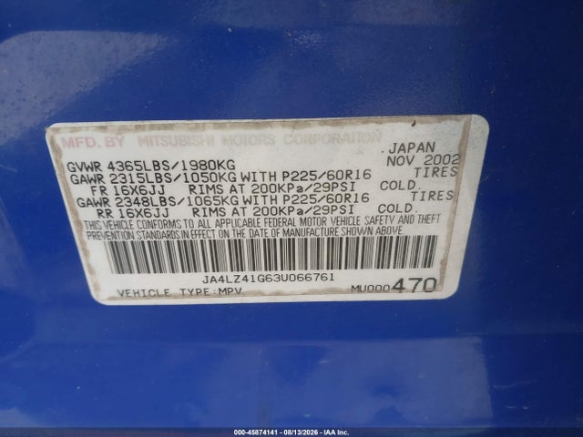 Aukcja sprzedaży 2003 Mitsubishi Outlander Xls, vin: JA4LZ41G63U066761, numer aukcji: 45874141