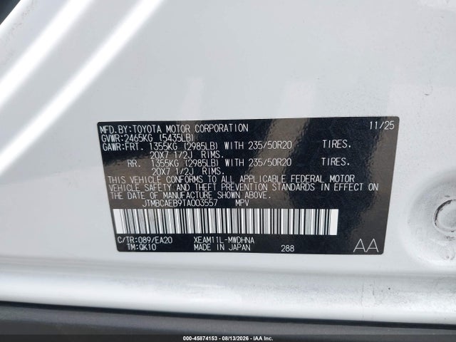 45874153 :رقم المزاد ، JTMBCAEB9TA003557 vin ، 2026 Toyota Bz Limited مزاد بيع