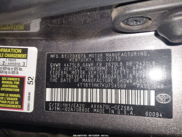 45874162 :رقم المزاد ، 4T1B11HK7KU754568 vin ، 2019 Toyota Camry Se مزاد بيع