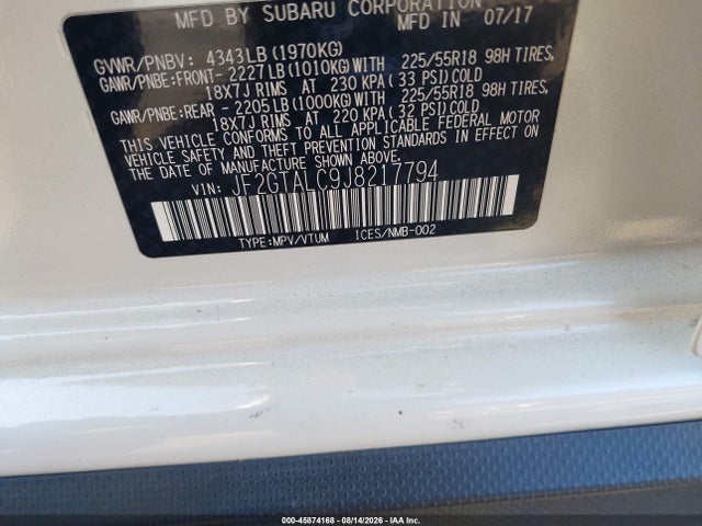 45874168 :رقم المزاد ، JF2GTALC9J8217794 vin ، 2018 Subaru Crosstrek 2.0i Limited مزاد بيع