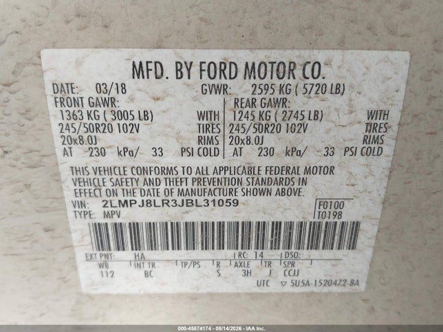 Продажа на аукционе авто 2018 Lincoln Mkx Reserve, vin: 2LMPJ8LR3JBL31059, номер лота: 45874174