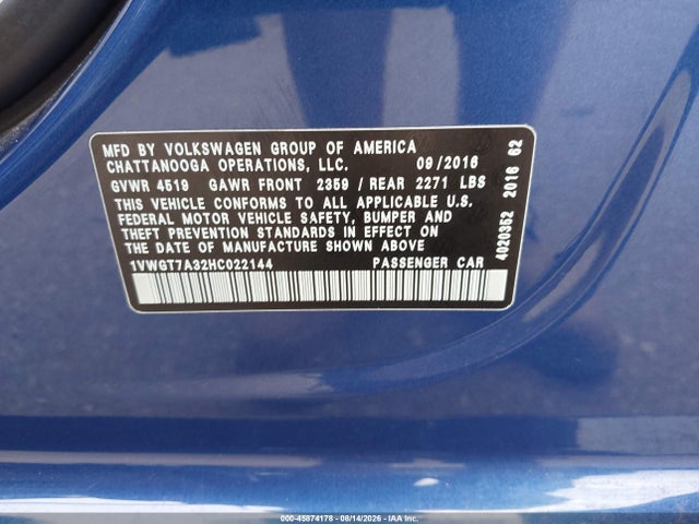 Aukcja sprzedaży 2017 Volkswagen Passat 1.8t Se, vin: 1VWGT7A32HC022144, numer aukcji: 45874178