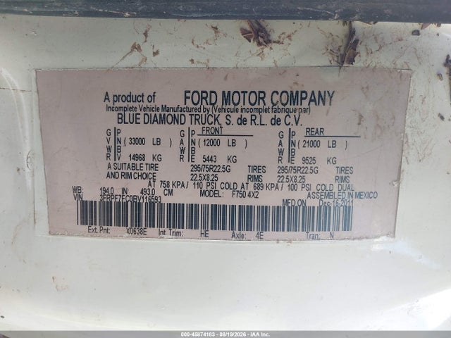 Продаж на аукціоні авто 2011 Ford F-750 Xl/xlt, vin: 3FRPF7FC0BV116593, номер лоту: 45874183