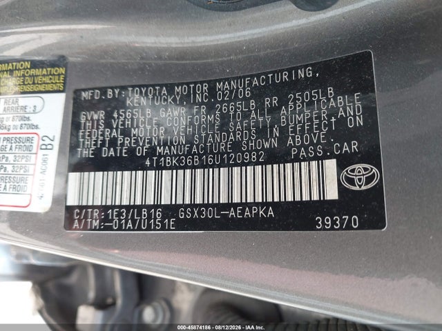 Aukcja sprzedaży 2006 Toyota Avalon Limited, vin: 4T1BK36B16U120982, numer aukcji: 45874186