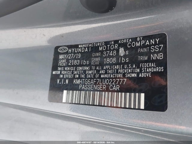 45874187 :رقم المزاد ، KMHTG6AF7LU022777 vin ، 2020 Hyundai Veloster 2.0 مزاد بيع