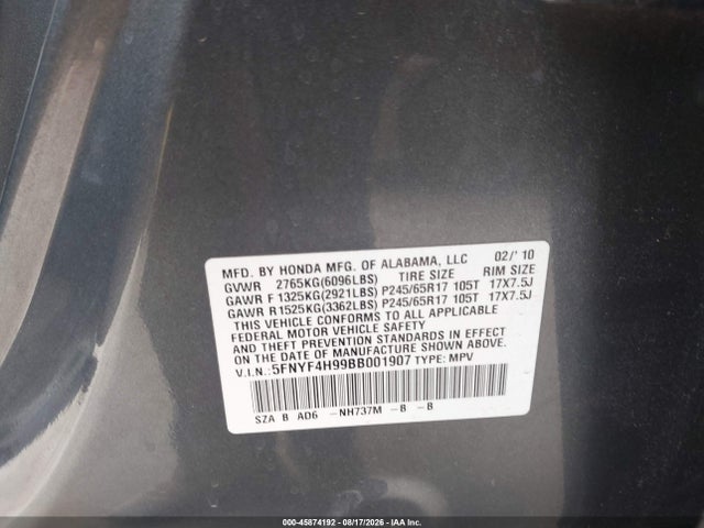 45874192 :رقم المزاد ، 5FNYF4H99BB001907 vin ، 2011 Honda Pilot Touring مزاد بيع