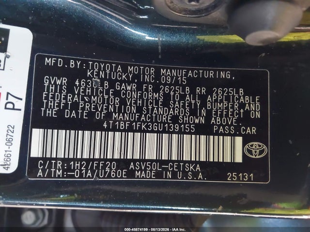 45874199 :رقم المزاد ، 4T1BF1FK3GU139155 vin ، 2016 Toyota Camry Se مزاد بيع