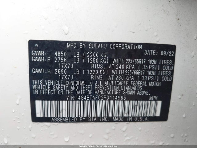 Продаж на аукціоні авто 2023 Subaru Outback Premium, vin: 4S4BTAFC2P3114965, номер лоту: 45874200