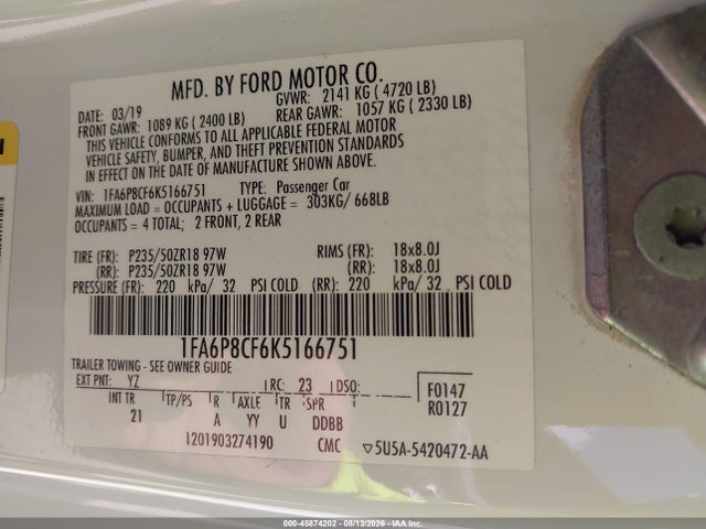 Auction sale of the 2019 Ford Mustang Gt, vin: 1FA6P8CF6K5166751, lot number: 45874202