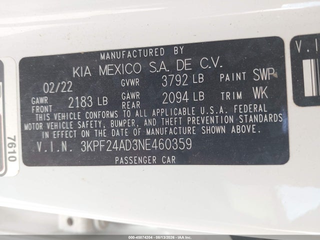 45874204 :رقم المزاد ، 3KPF24AD3NE460359 vin ، 2022 Kia Forte Lxs مزاد بيع