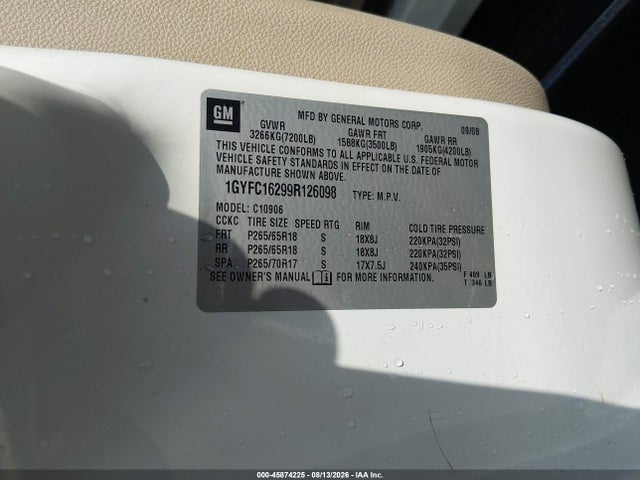 2009 Cadillac Escalade Esv Standard მანქანა იყიდება აუქციონზე, vin: 1GYFC16299R126098, აუქციონის ნომერი: 45874225