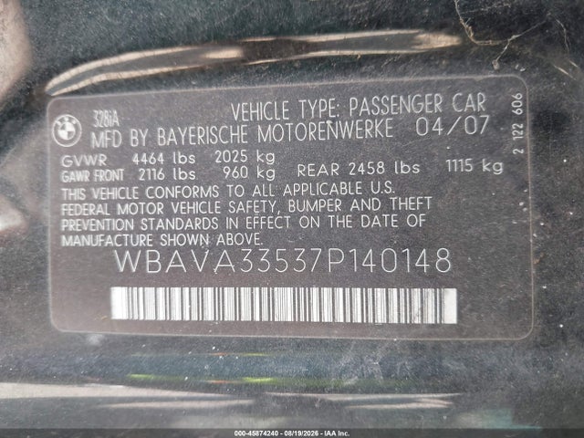 Продаж на аукціоні авто 2007 Bmw 328i, vin: WBAVA33537P140148, номер лоту: 45874240