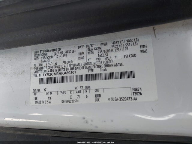 45874252 :رقم المزاد ، 1FTYR2CM3HKA89307 vin ، 2017 Ford Transit-250 مزاد بيع