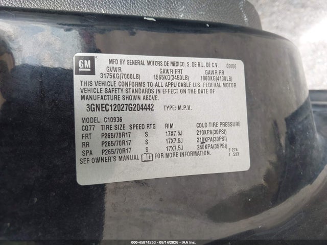 45874253 :رقم المزاد ، 3GNEC12027G204442 vin ، 2007 Chevrolet Avalanche 1500 Lt مزاد بيع