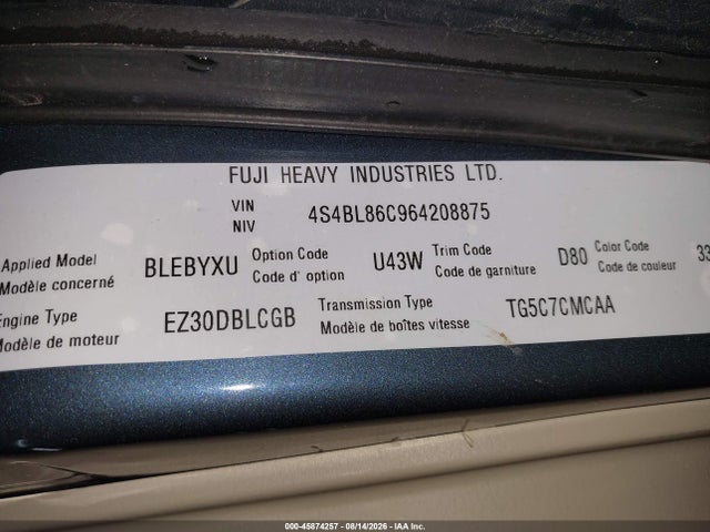 Продаж на аукціоні авто 2006 Subaru Outback 3.0r L.l. Bean Edition, vin: 4S4BL86C964208875, номер лоту: 45874257