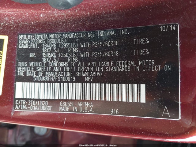 Toyota Highlander Xle V6 2015 5TDJKRFH7FS100019 Image 9