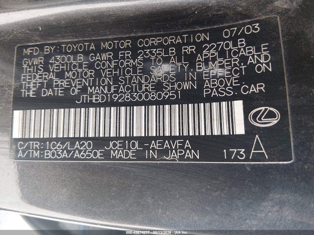45874277 :رقم المزاد ، JTHBD192830080951 vin ، 2003 Lexus Is 300 مزاد بيع