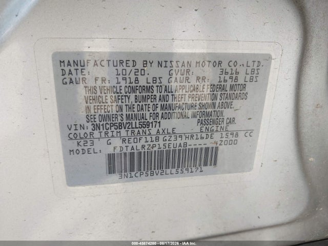 Aukcja sprzedaży 2020 Nissan Kicks S Xtronic Cvt, vin: 3N1CP5BV2LL559171, numer aukcji: 45874280