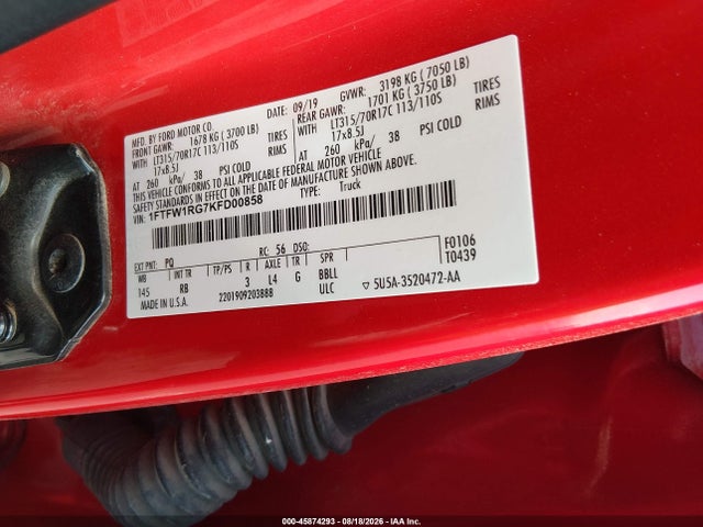 45874293 :رقم المزاد ، 1FTFW1RG7KFD00858 vin ، 2019 Ford F-150 Raptor مزاد بيع