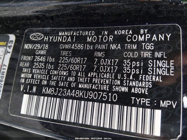 Продаж на аукціоні авто 2019 Hyundai Tucson Se, vin: KM8J23A48KU907510, номер лоту: 45874294
