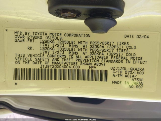 45874296 :رقم المزاد ، JTJBT20X040041000 vin ، 2004 Lexus Gx 470 مزاد بيع