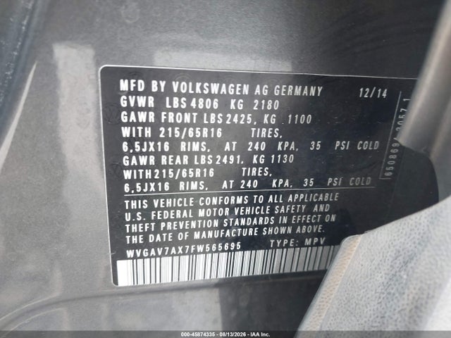 45874335 :رقم المزاد ، WVGAV7AX7FW565695 vin ، 2015 Volkswagen Tiguan S مزاد بيع