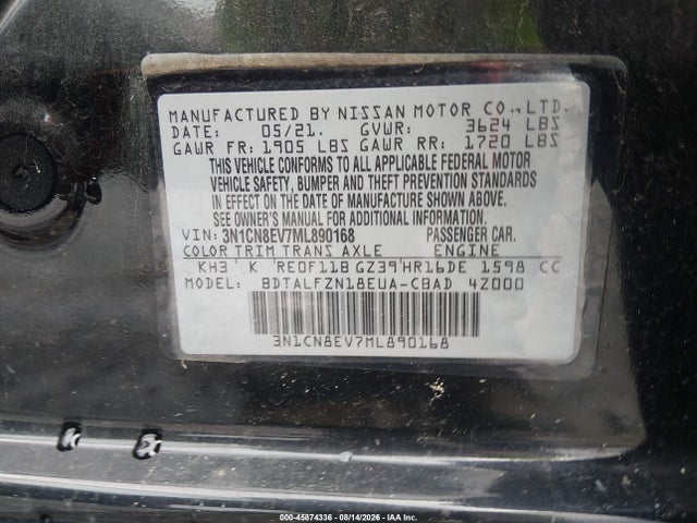 Продажа на аукционе авто 2021 Nissan Versa Sv Xtronic Cvt, vin: 3N1CN8EV7ML890168, номер лота: 45874336