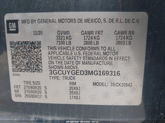 Aukcja sprzedaży 2021 Chevrolet Silverado 1500 4wd  Short Bed Ltz, vin: 3GCUYGED3MG169316, numer aukcji: 45874340