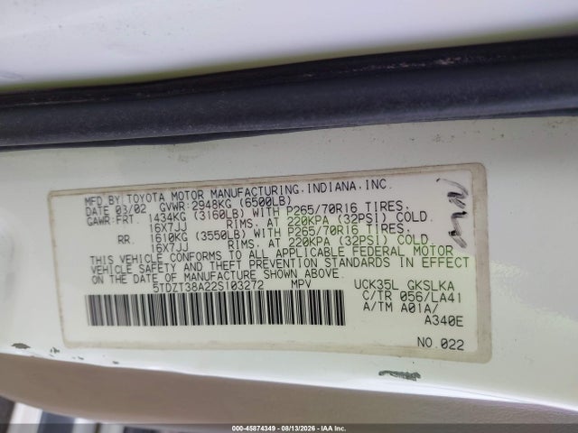 Aukcja sprzedaży 2002 Toyota Sequoia Limited V8, vin: 5TDZT38A22S103272, numer aukcji: 45874349