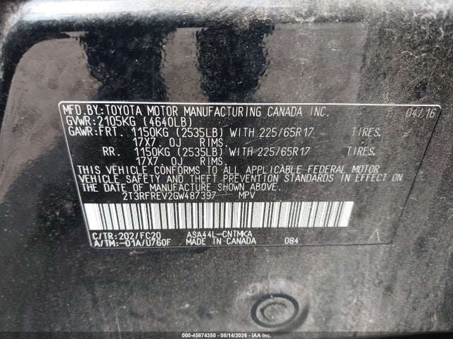 2T3RFREV2GW487397 Toyota Rav4 Xle