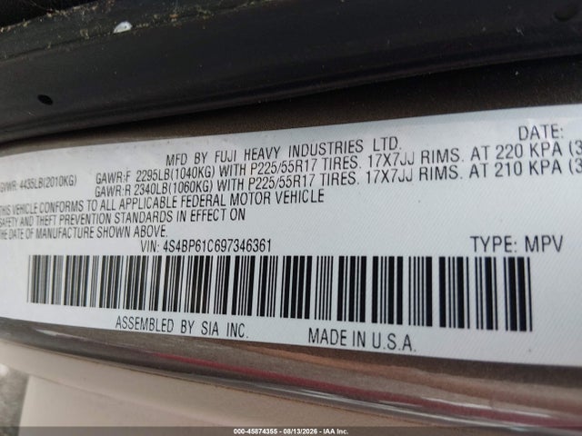Продаж на аукціоні авто 2009 Subaru Outback 2.5i, vin: 4S4BP61C697346361, номер лоту: 45874355