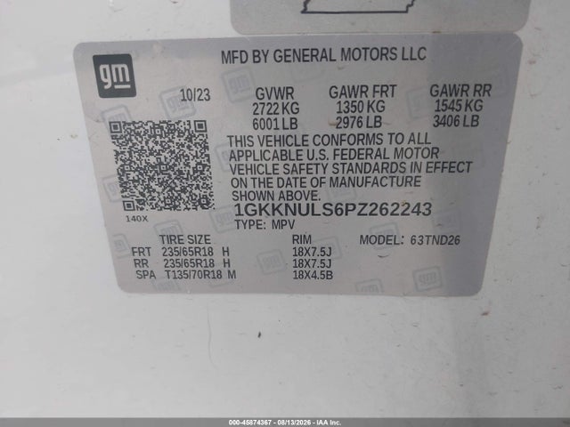 Auction sale of the 2023 Gmc Acadia Awd Slt, vin: 1GKKNULS6PZ262243, lot number: 45874367