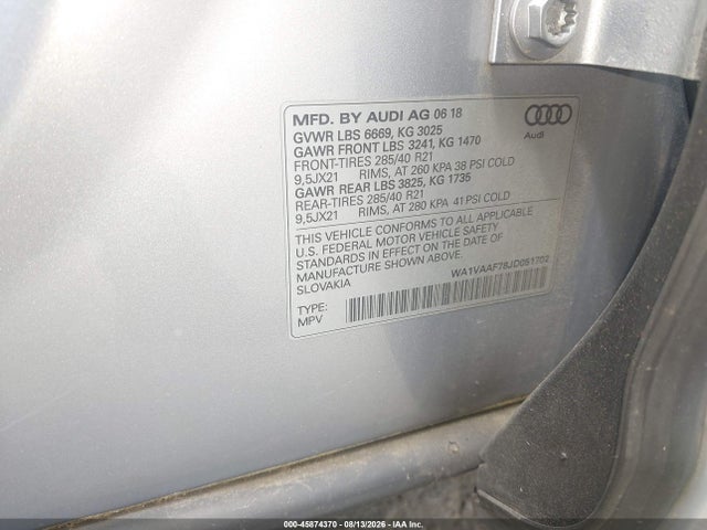 Продажа на аукционе авто 2018 Audi Q7 3.0t Premium, vin: WA1VAAF78JD051702, номер лота: 45874370