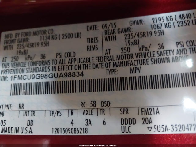 45874377 :رقم المزاد ، 1FMCU9G98GUA98834 vin ، 2016 Ford Escape Se مزاد بيع