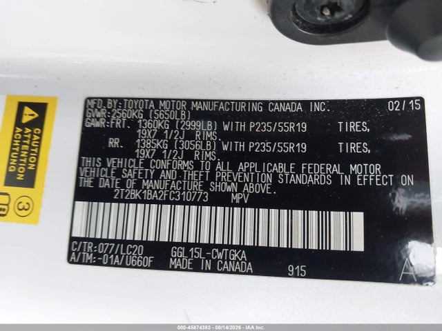 Продаж на аукціоні авто 2015 Lexus Rx 350, vin: 2T2BK1BA2FC310773, номер лоту: 45874383