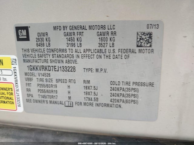 Aukcja sprzedaży 2014 Gmc Acadia Slt-1, vin: 1GKKVRKD7EJ133228, numer aukcji: 45874385