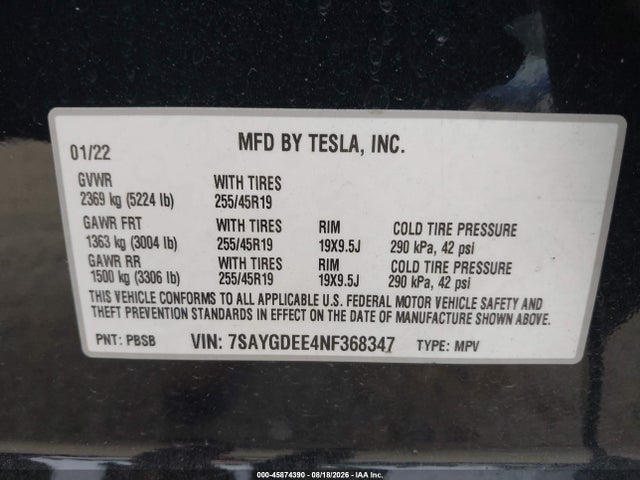 Продажа на аукционе авто 2022 Tesla Model Y Long Range Dual Motor All-wheel Drive, vin: 7SAYGDEE4NF368347, номер лота: 45874390
