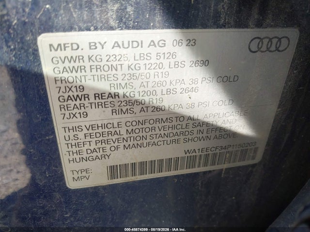 Aukcja sprzedaży 2023 Audi Q3 Premium Plus 45 Tfsi S Line Quattro Tiptronic, vin: WA1EECF34P1150203, numer aukcji: 45874399