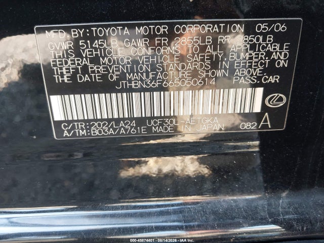 Продаж на аукціоні авто 2006 Lexus Ls 430, vin: JTHBN36F665050614, номер лоту: 45874401
