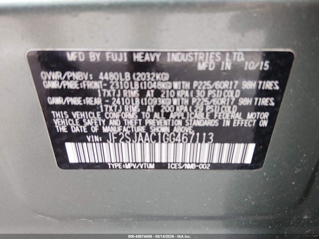 Продаж на аукціоні авто 2016 Subaru Forester 2.5i, vin: JF2SJAAC1GG467113, номер лоту: 45874406