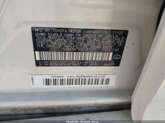 2004 Lexus Ls 430 მანქანა იყიდება აუქციონზე, vin: JTHBN36F940141872, აუქციონის ნომერი: 45874407