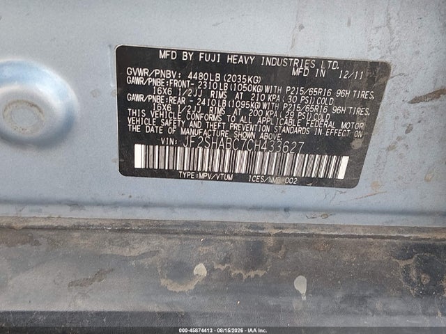 Aukcja sprzedaży 2012 Subaru Forester 2.5x, vin: JF2SHABC7CH433627, numer aukcji: 45874413