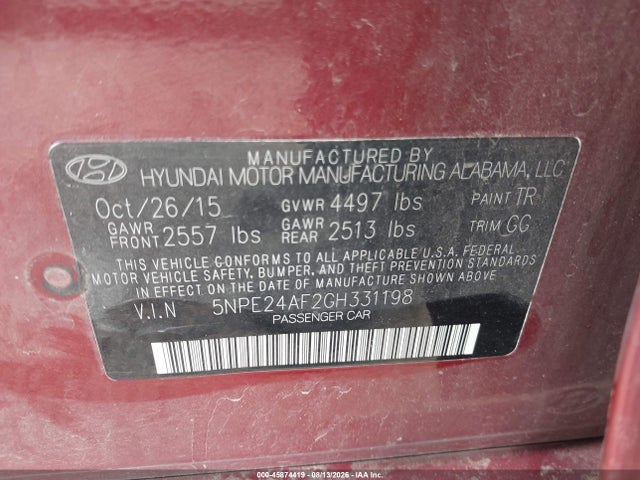 45874419 :رقم المزاد ، 5NPE24AF2GH331198 vin ، 2016 Hyundai Sonata Se مزاد بيع
