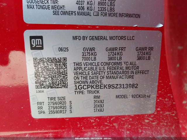 45874423 :رقم المزاد ، 1GCPKBEK9SZ313982 vin ، 2025 Chevrolet Silverado 1500 4wd  Short Bed Custom مزاد بيع