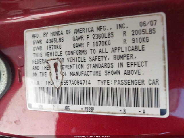 2007 Honda Accord 3.0 Ex მანქანა იყიდება აუქციონზე, vin: 1HGCM66557A094714, აუქციონის ნომერი: 45874433